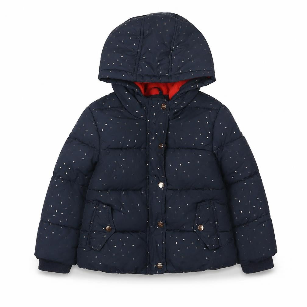 Front view of Outfit Kids girls’ blue polka dot puffer jacket, age 2-3, hooded winter coat