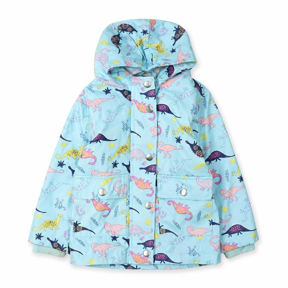 Front view of Lily & Dan girls’ blue dinosaur rain jacket, age 2
