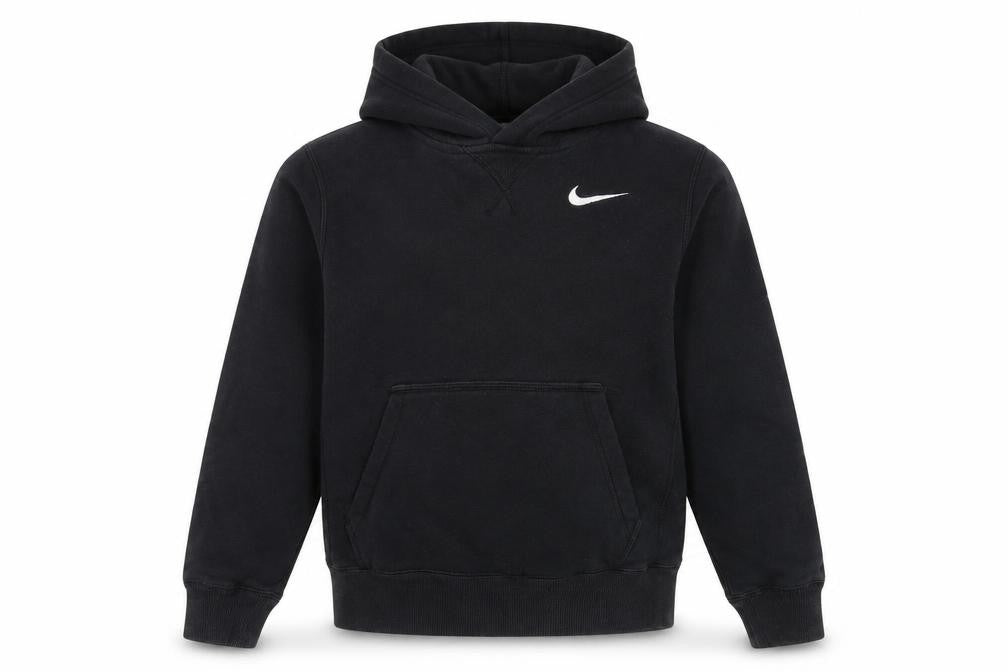 Front view of Nike boys’ black pullover hoodie -, size S, logo, casual