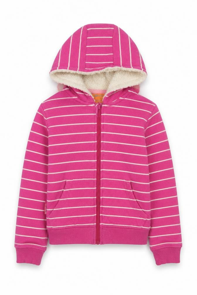 Front view of Mountain Warehouse girls’ pink striped full zip hoodie 9-10 years