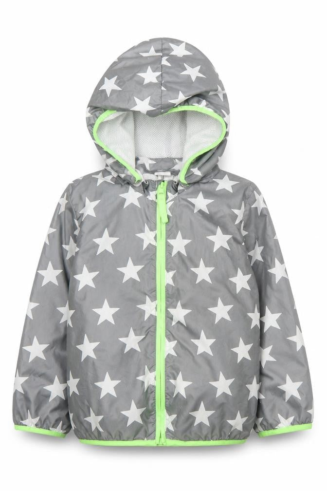 Front view of H&M boys’ grey star patterned raincoat, hooded, size 2, years