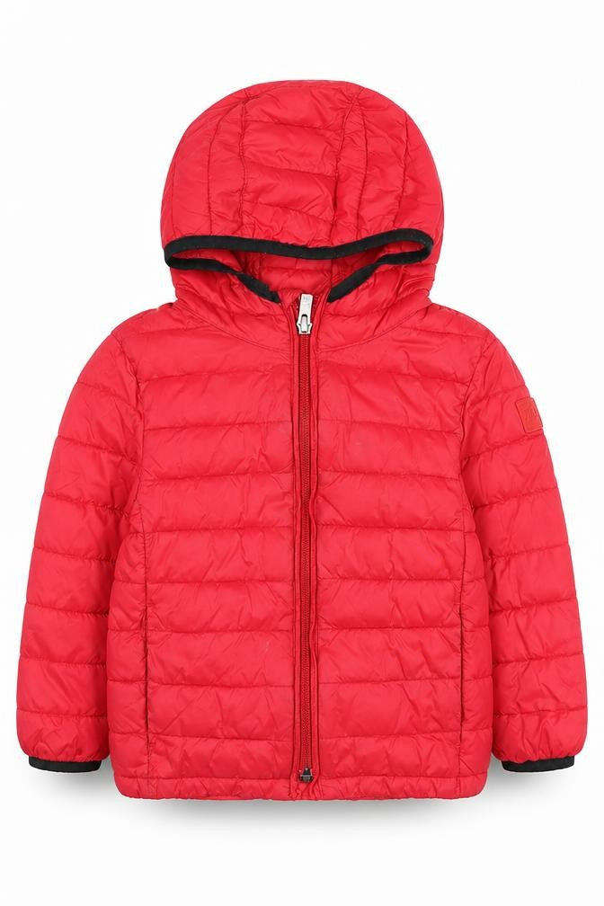 Front view of Gap boys’ red puffer jacket, hooded, size 3, years