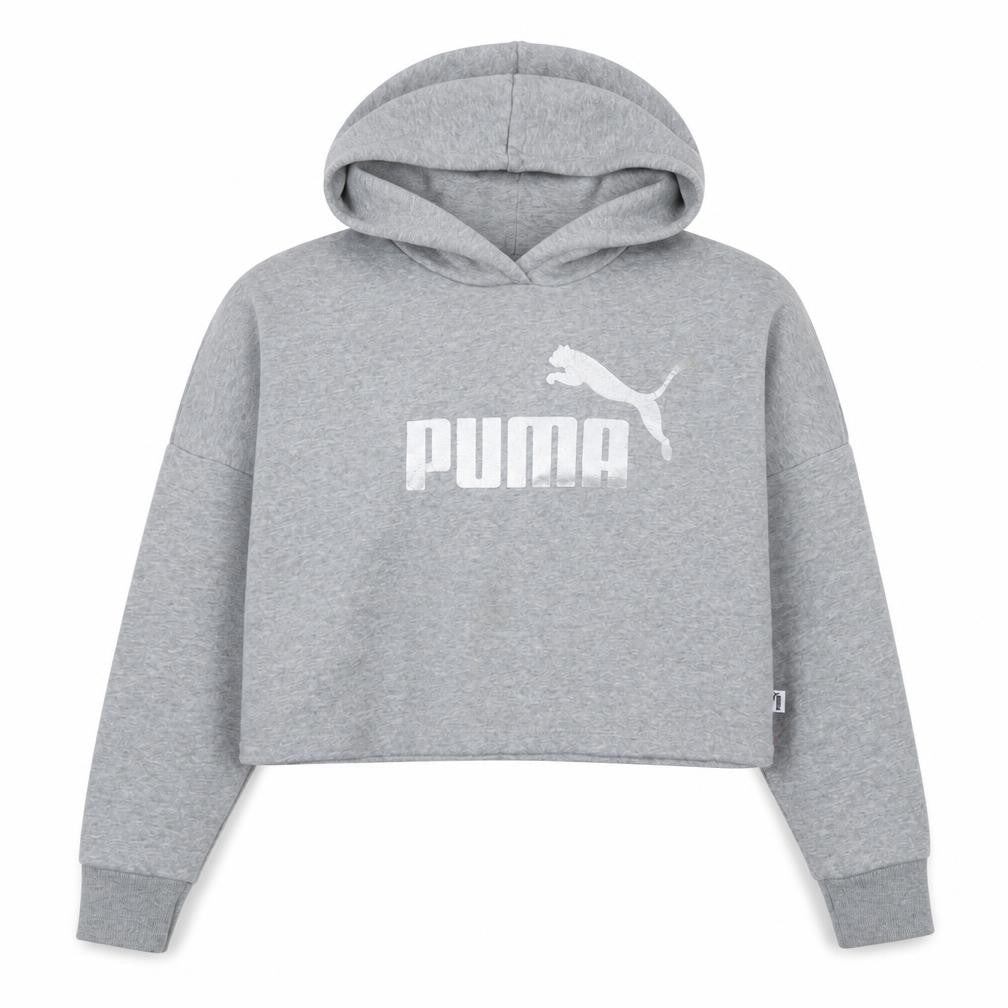 Front view of Puma girls’ grey hoodie 11-12 years long sleeve pullover