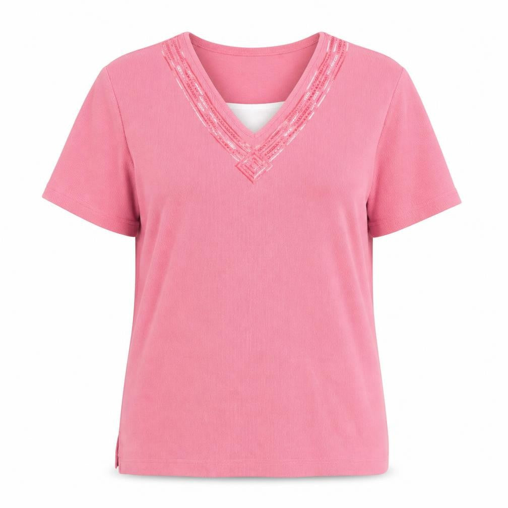 Front view of Bm Pink Women's V-Neck T-Shirt, size M