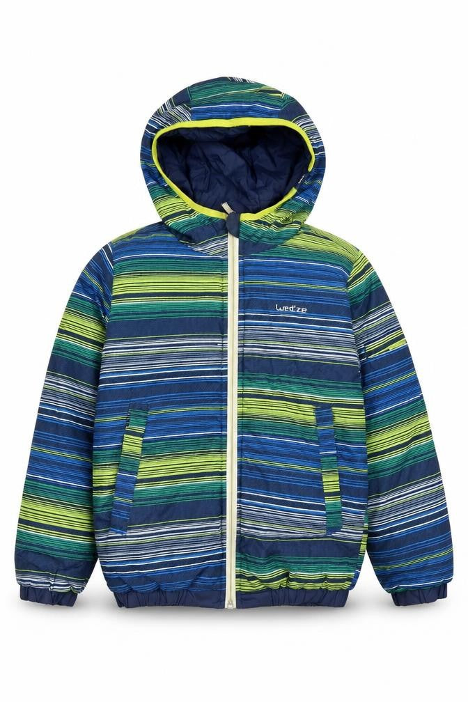 Front view of Decathlon boys’ multicoloured hooded puffer jacket, size 6