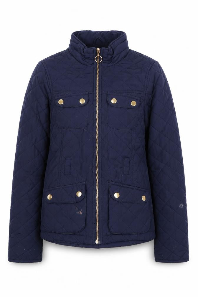 Front view of H&M girls’ quilted blue jacket 12-13 years full zip mid-length