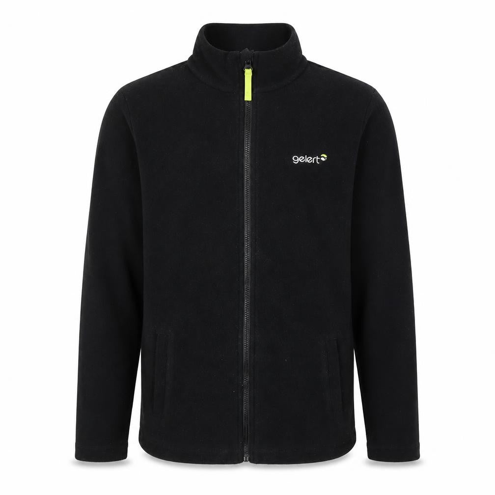Front view of Gelert boys’ black fleece jacket with full zip logo