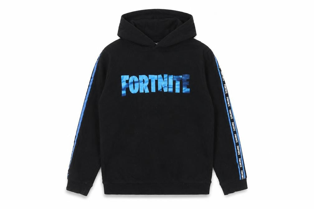 Front view of Fortnite boys’ black hoodie, pullover, 11-12 years, logo