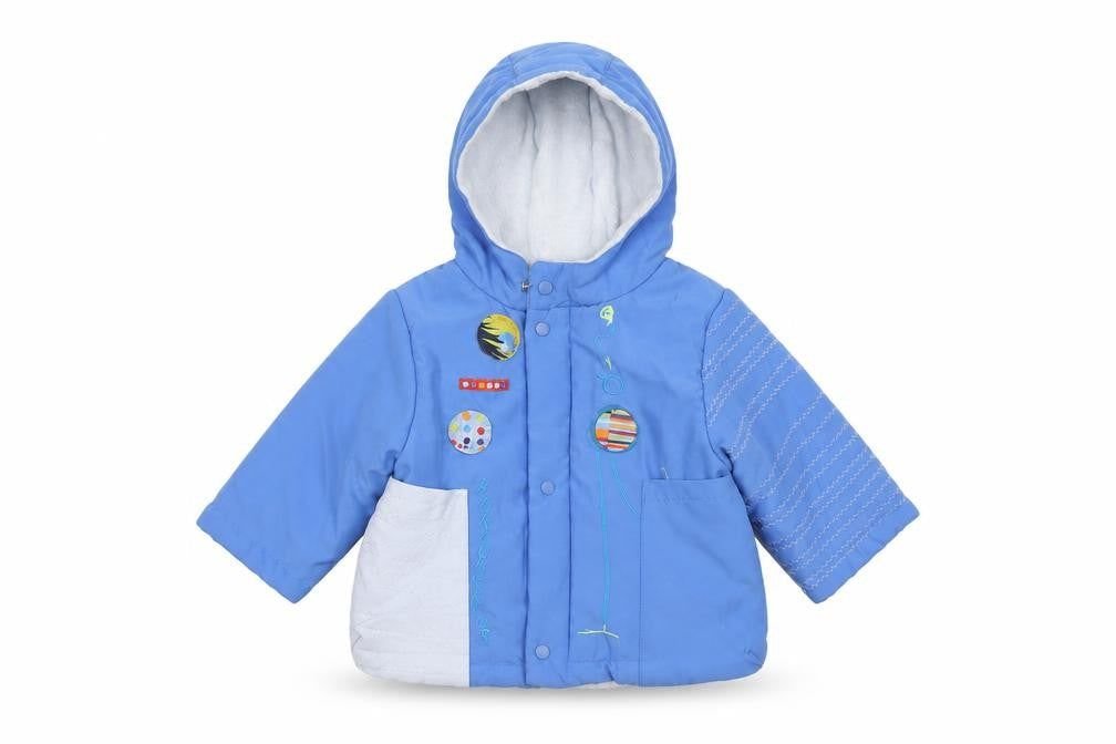 Front view of Marèse boys’ blue puffer jacket 6 months hooded winter coat