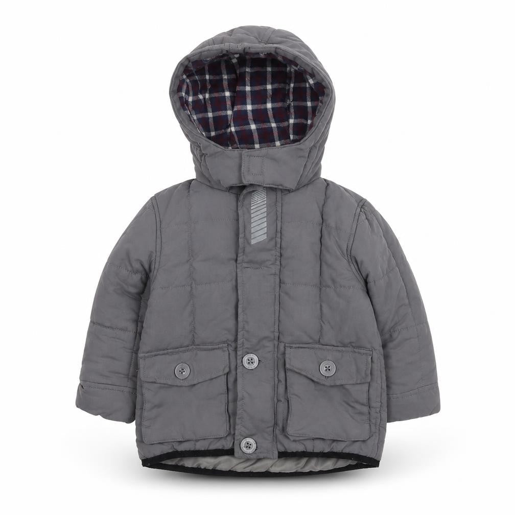Front view of Mini V by Very Grey Puffer Jacket 18-24M boys’ winter hooded