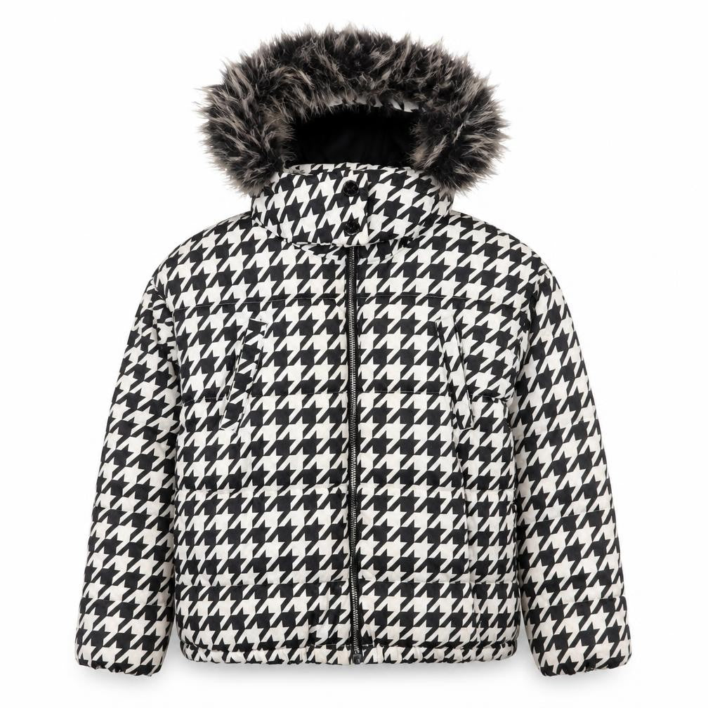 Front view of Next girls’' black white houndstooth puffer jacket 11y