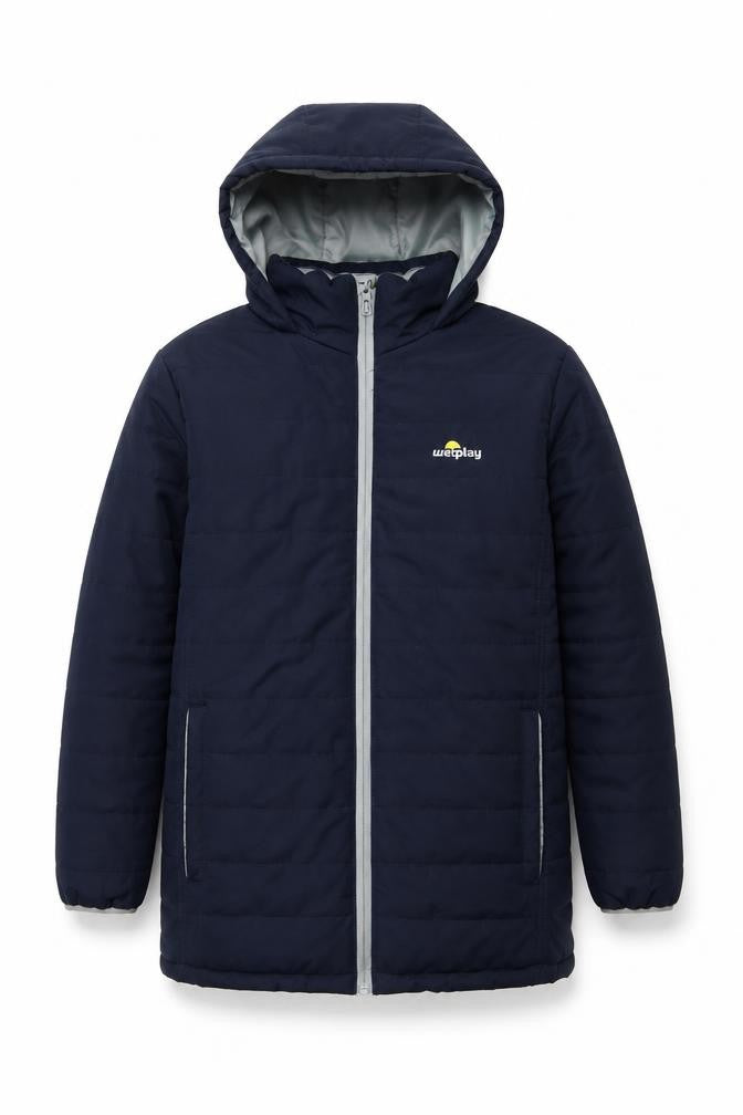 Front view of Wetplay boys’ blue puffer jacket 11-12 years waterproof