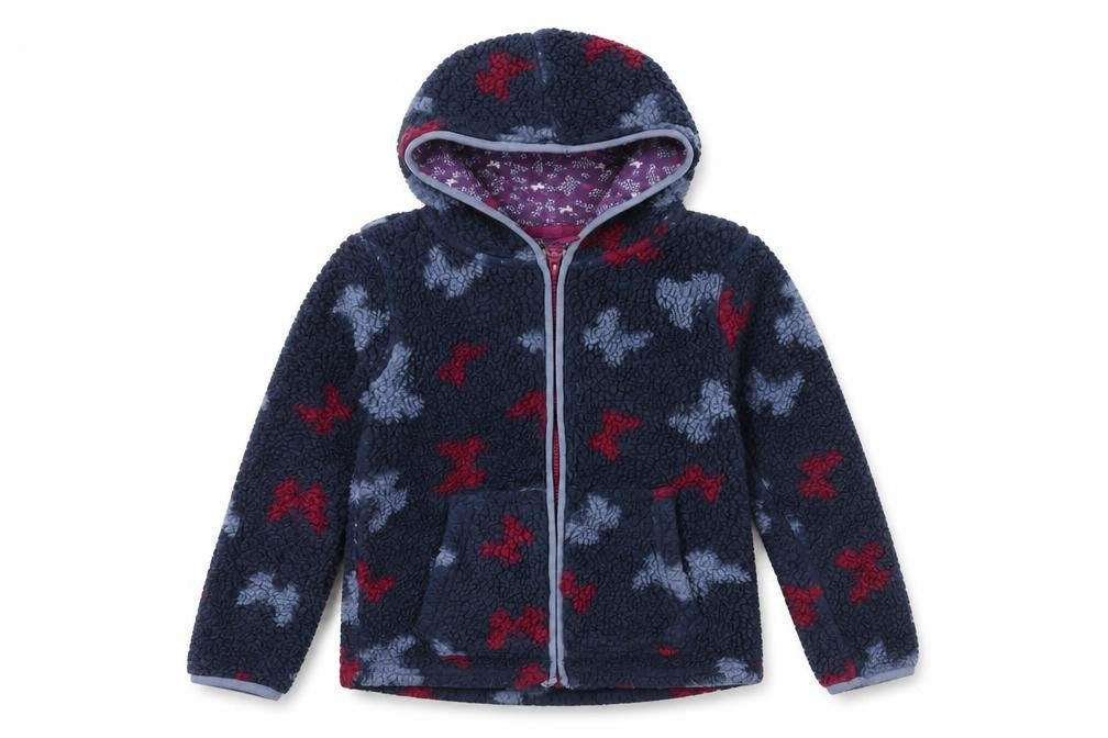 Front view of FatFace girls’ blue floral hooded jacket 7-8 years