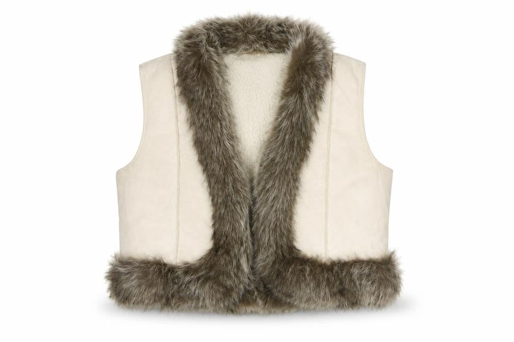 Front view of Eisenegger girls’ ivory faux fur waistcoat, size 14