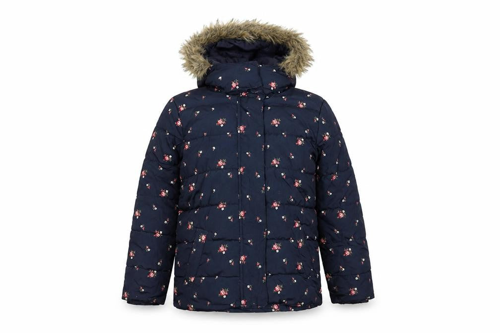 Front view of Gap girls’ multicoloured floral puffer jacket, size 12