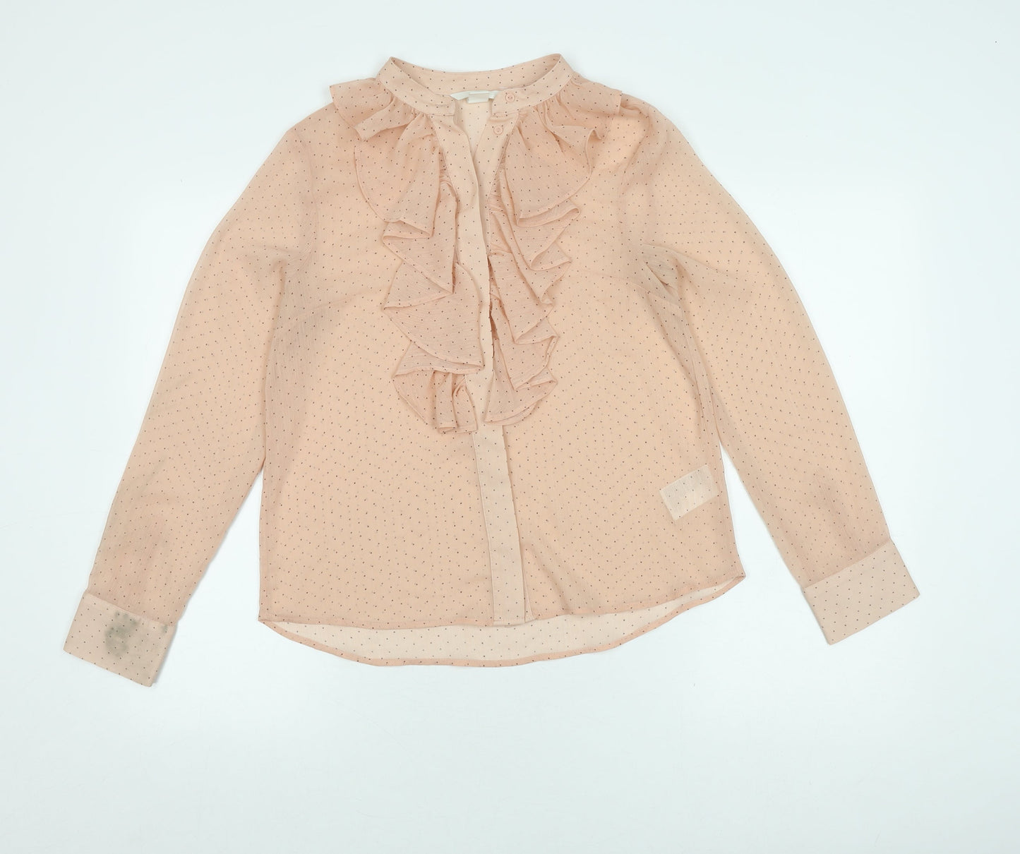 H&M Women's Beige Polka Dot Ruffle Blouse, Size 6