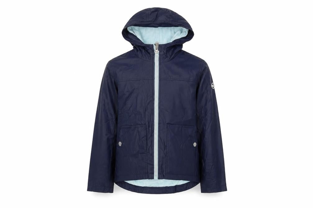 Front view of Michael Kors girls’ blue hooded rain coat 6-7 years