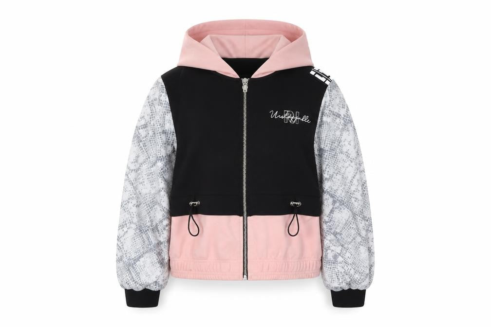 Front view of River Island girls’ black & pink full zip hoodie 9-10 years