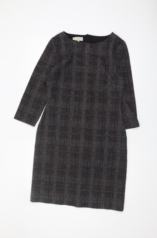 Hobbs Women's Grey Check Dress Size 12 Boat Neck Zip