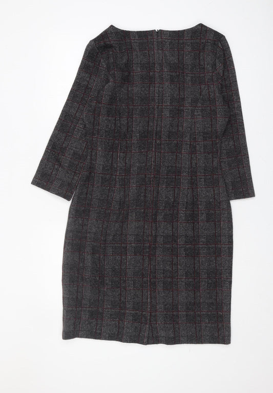 Hobbs Women's Grey Check Dress Size 12 Boat Neck Zip