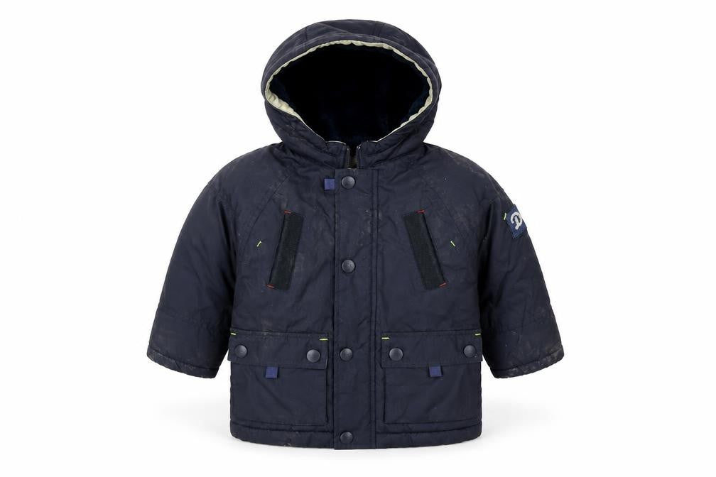 Front view of DKNY boys’ blue puffer jacket hooded 2 years