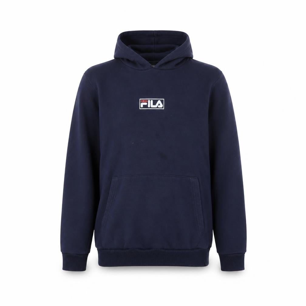 Front view of Fila boys’ blue pullover hoodie, size 13-14, years with logo