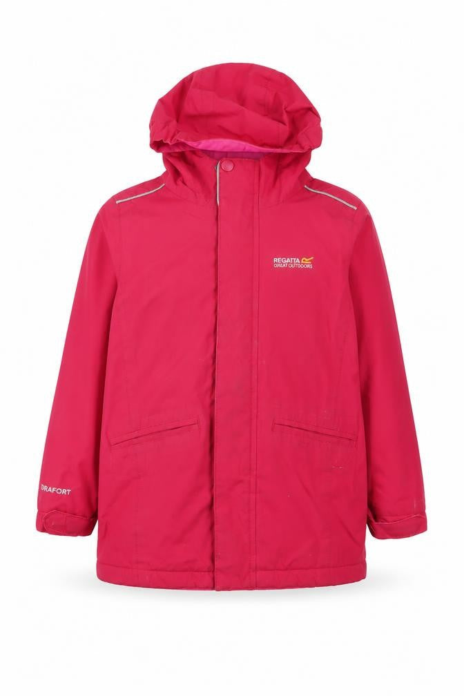 Front view of Regatta girls’ pink waterproof rain coat 11 years