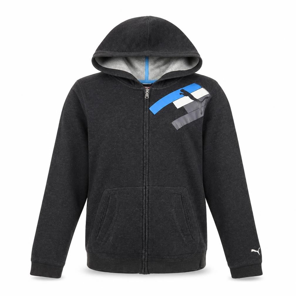 Front view of Puma boys’ black full zip hoodie, size 14, graphic print