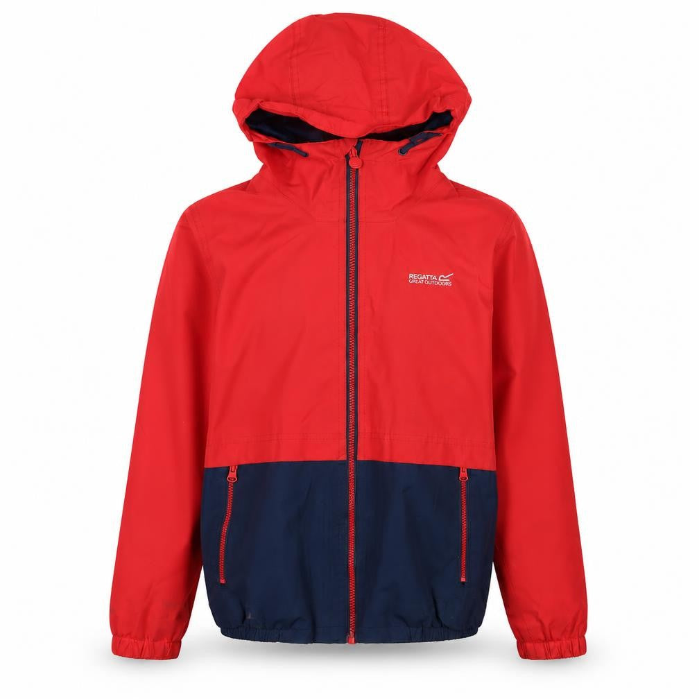 Front view of Regatta boys’ red blue windbreaker jacket hooded 14 years