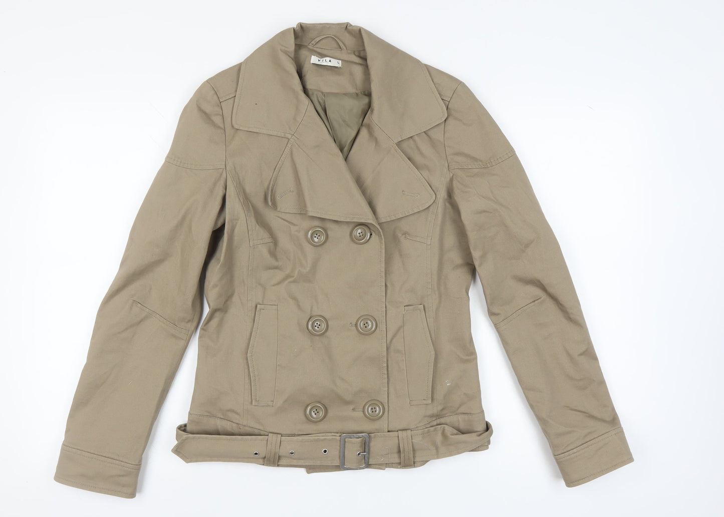 Vila Women's Beige Pea Coat Jacket L Cotton Belted