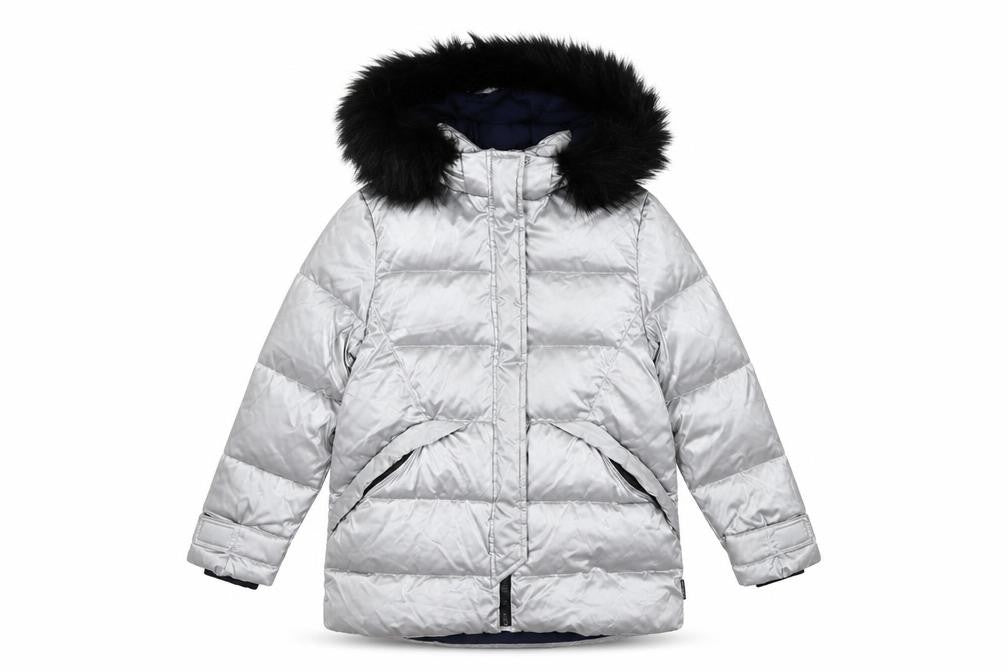 Front view of Zara girls’ silver puffer jacket 13-14 years hooded quilted