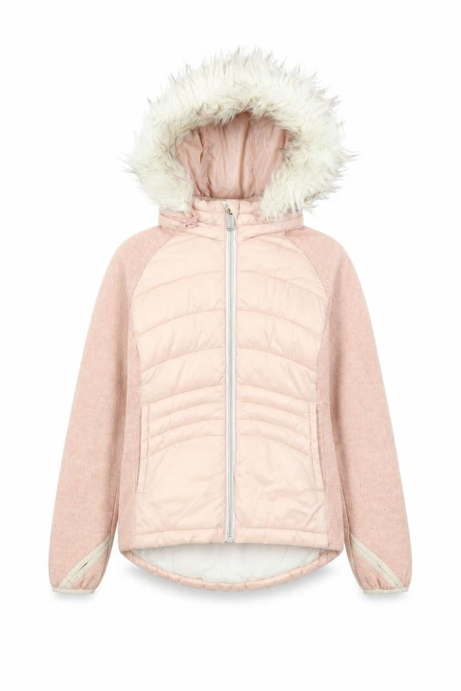 Front view of Michael Kors girls’ pink puffer jacket 7-8 years hooded winter