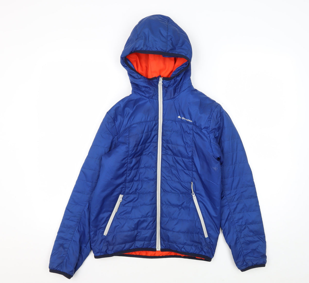 Additional front view of Decathlon boys’ blue puffer jacket, 12 years, hooded, winter ready