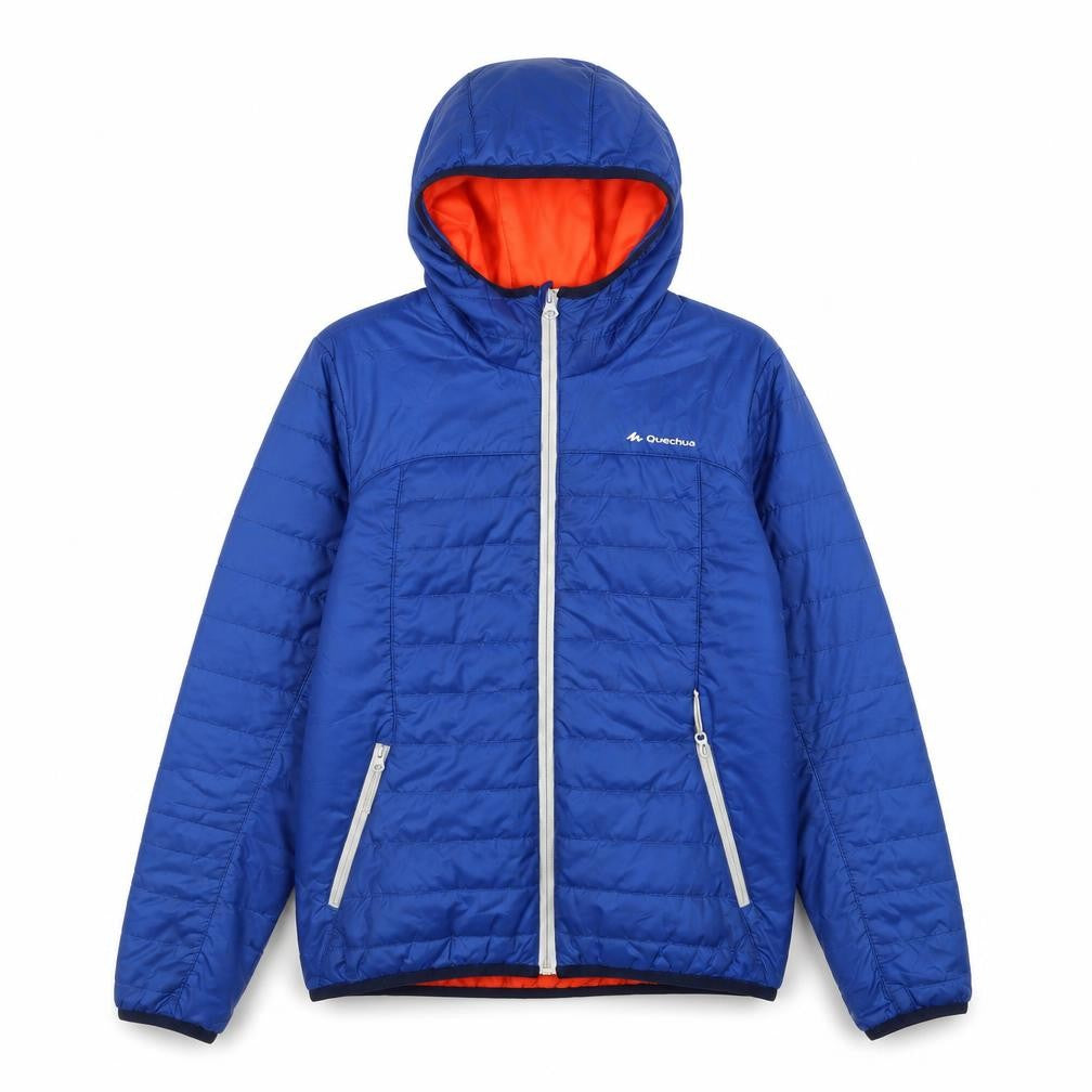 Front view of Decathlon boys’ blue puffer jacket, 12 years, hooded, winter ready