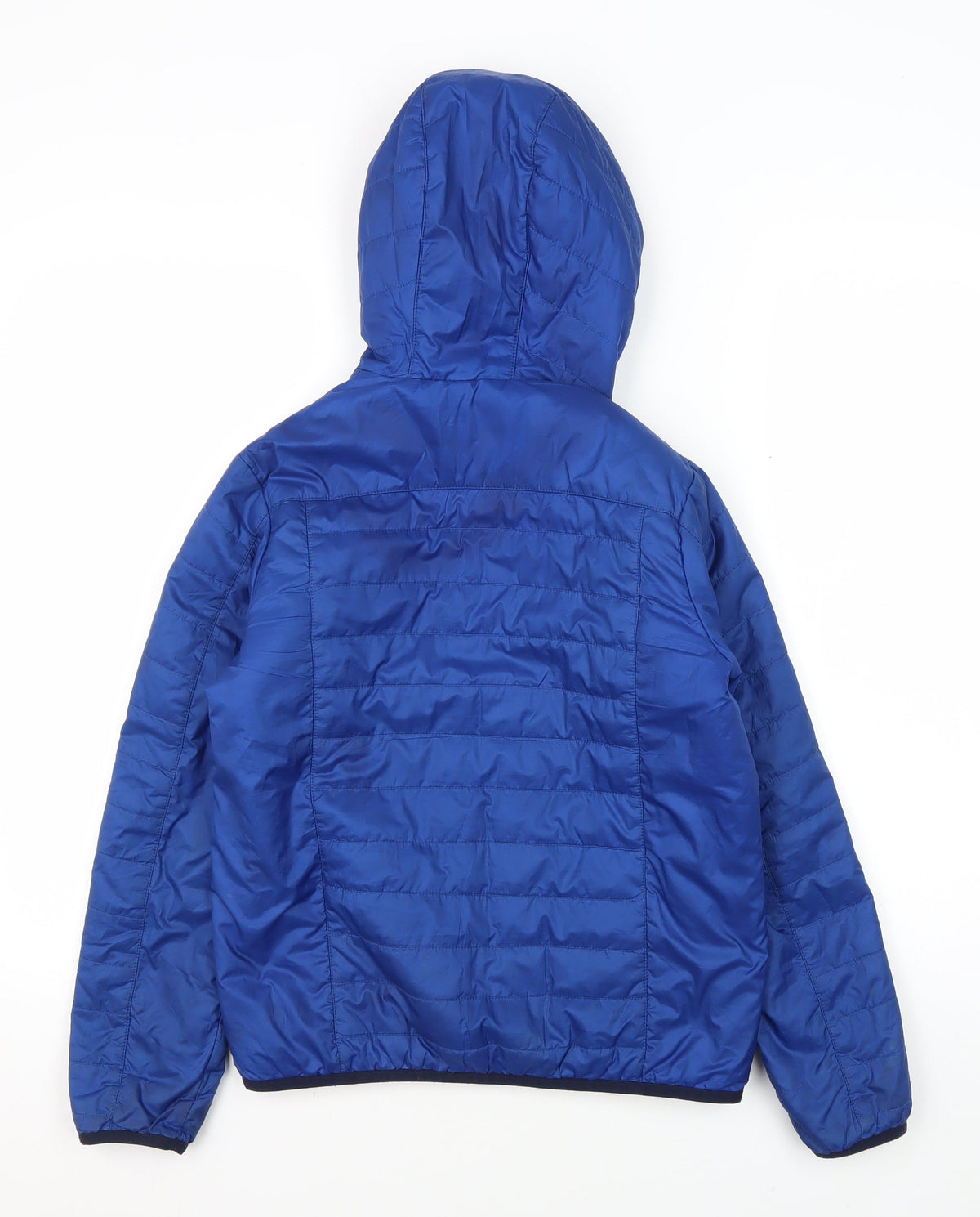 Back view of Decathlon boys’ blue puffer jacket, 12 years, hooded, winter ready