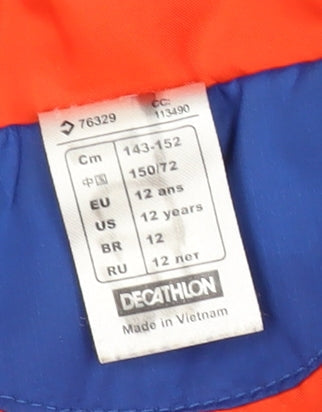 Brand and care label for Decathlon boys’ blue puffer jacket, 12 years, hooded, winter ready