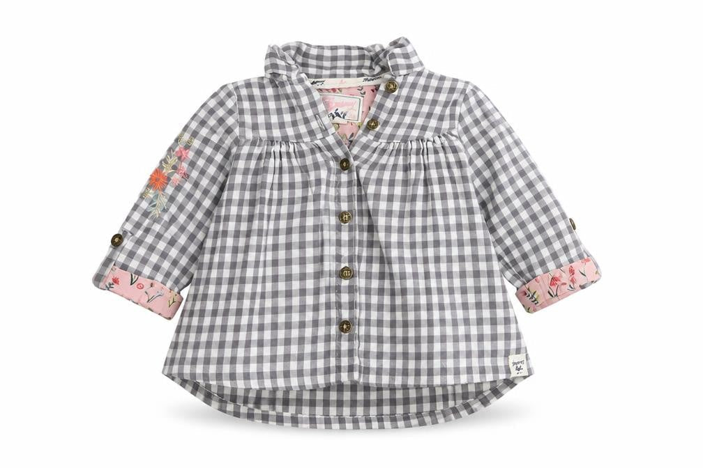Front view of Mantaray girls’ grey check button-up shirt, 3-6 months