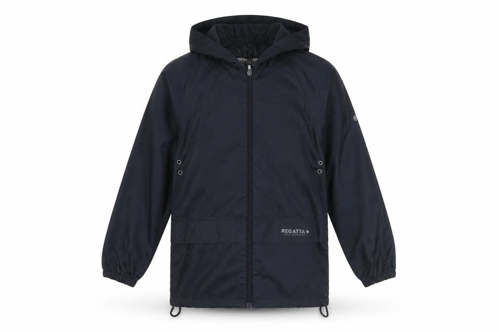 Front view of Regatta boys’ black rain coat 9-10 years hooded waterproof