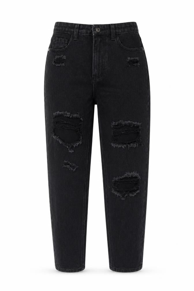 Front view of PRETTYLITTLETHING Black Mom Jeans UK 8 Distressed Style