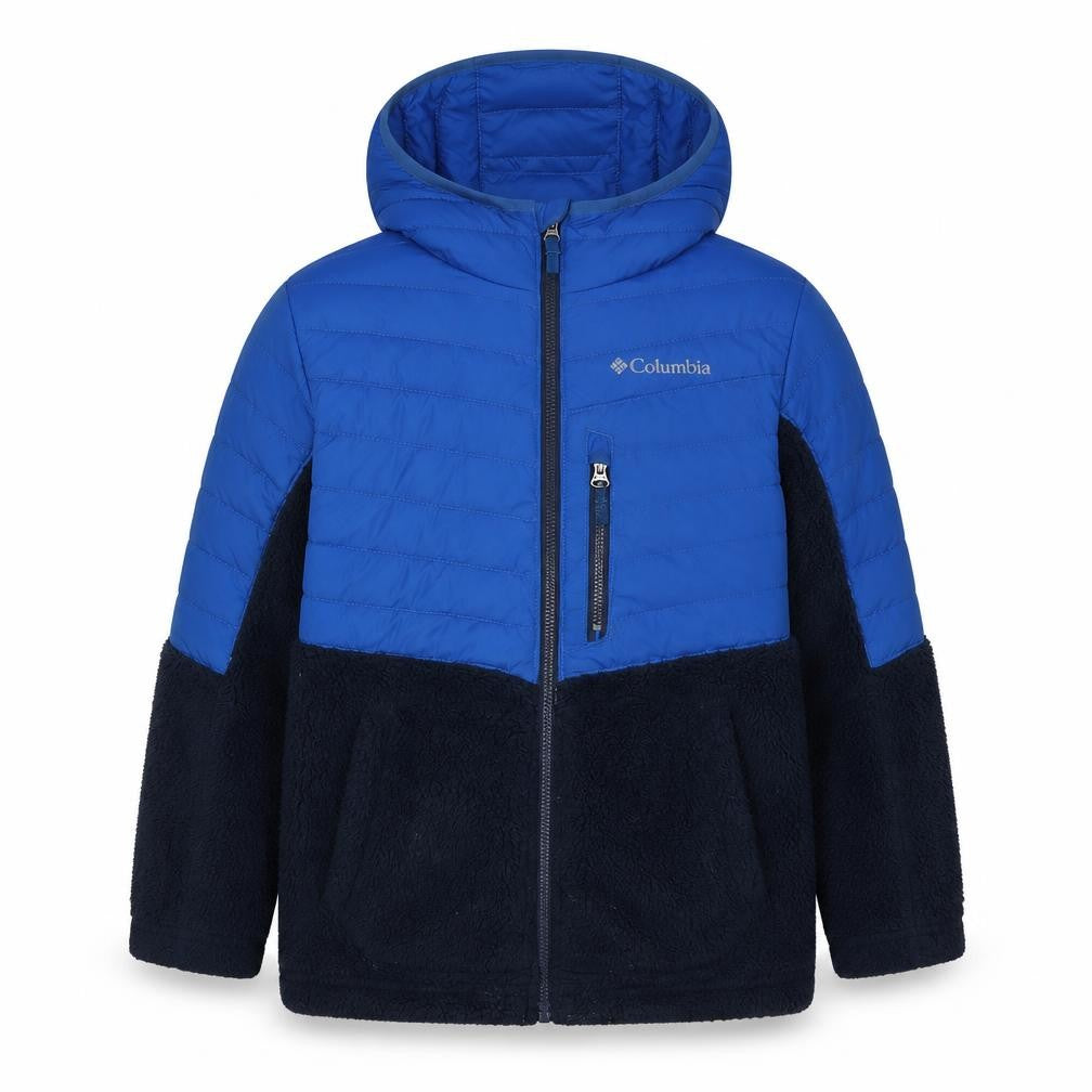 Front view of Columbia boys’ blue hooded puffer jacket, size 7, - winter warm