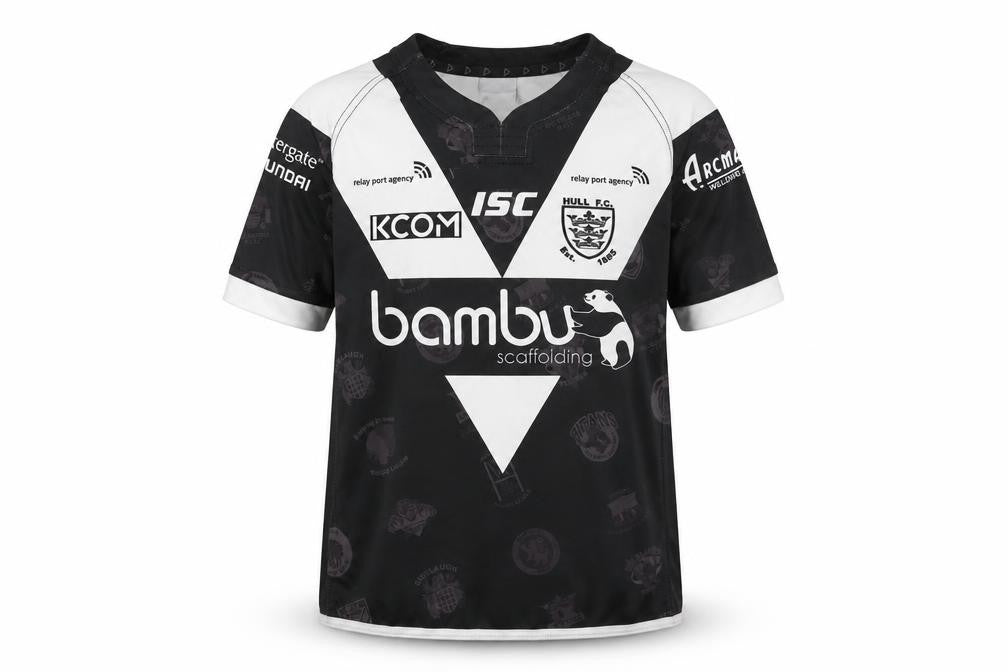 Front view of ISC boys’ black rugby jersey short sleeve, size 12