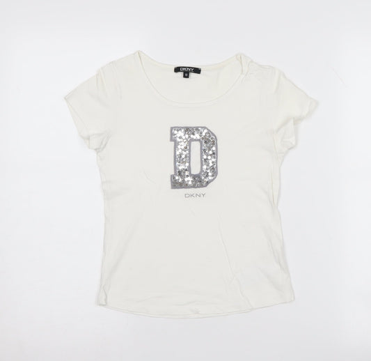 DKNY Girls White Sequin T-Shirt, Size 10 Years, Casual Top