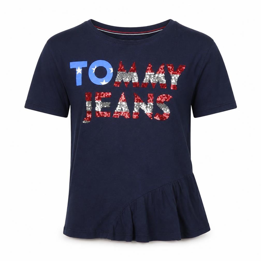 Front view of Tommy Hilfiger girls’ blue t-shirt, size 164, graphic sequin logo
