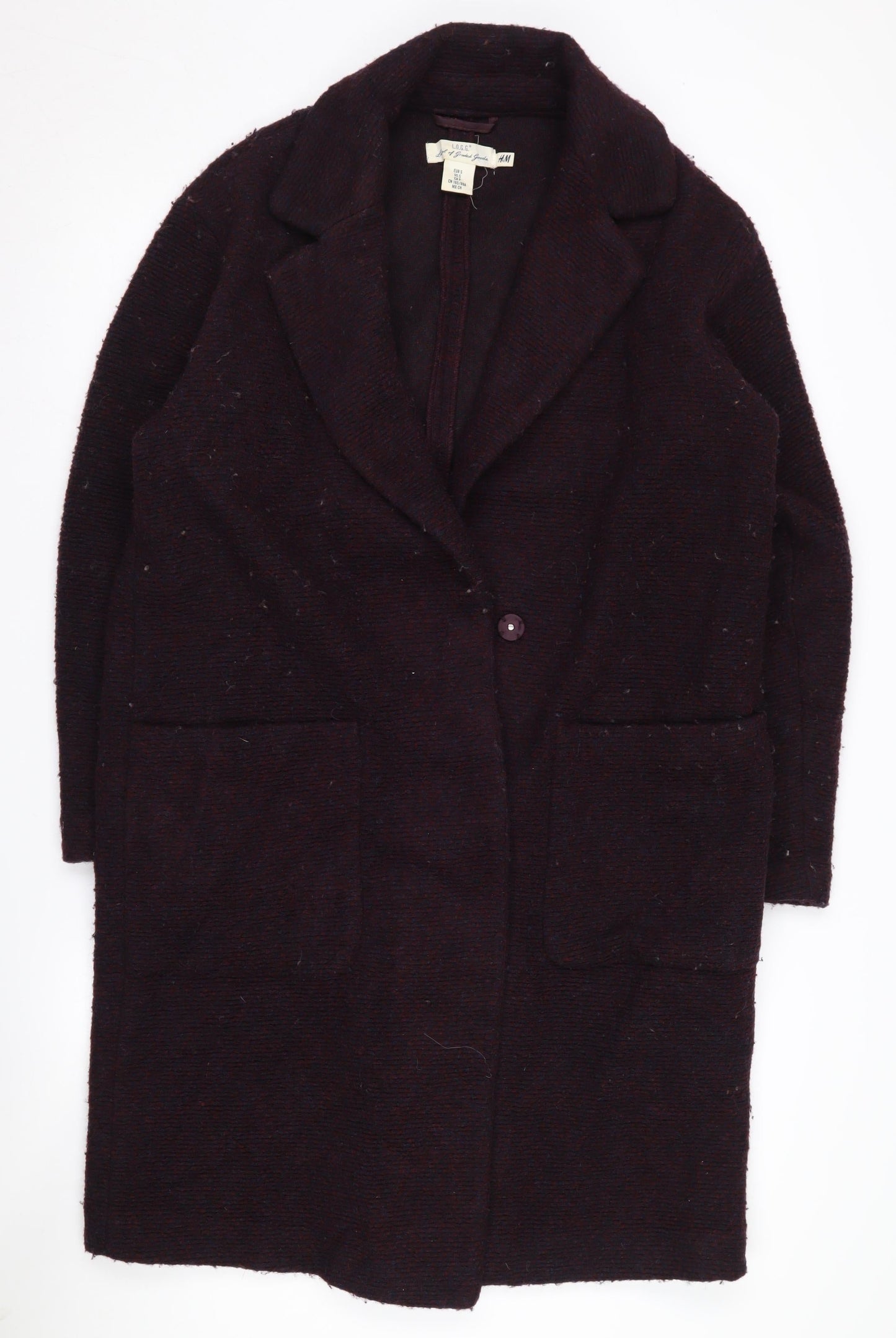 H&M Women's Purple Long Wool Overcoat, Size S, Casual Style