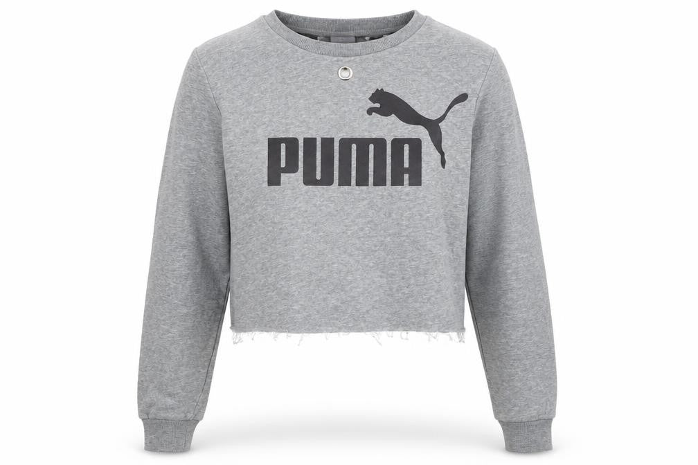 Front view of Puma girls’ grey cropped pullover hoodie, size 14-15