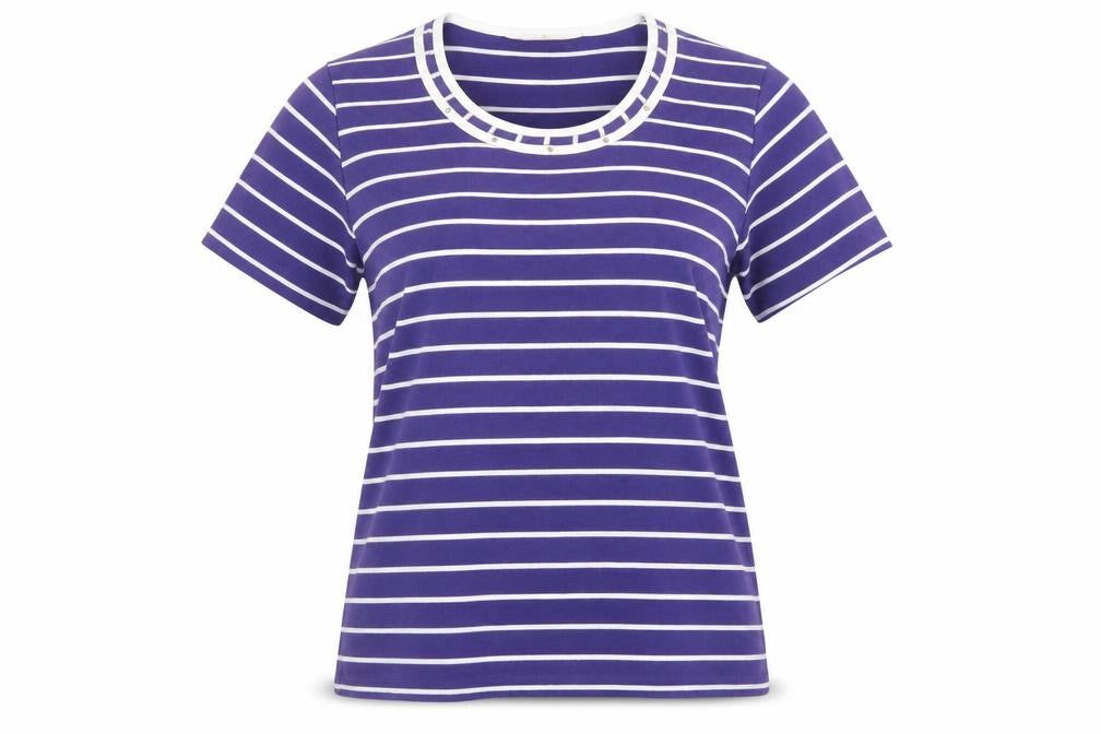 Front view of Honor Millburn Women's Blue Striped T-Shirt, size L