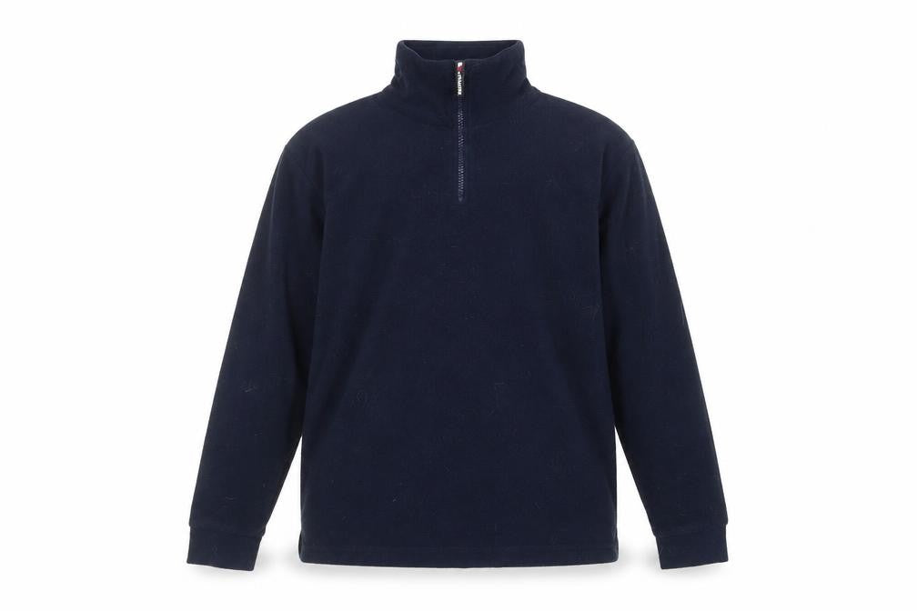 Front view of Trespass boys’ blue fleece 1/2 zip hoodie, size 16, years