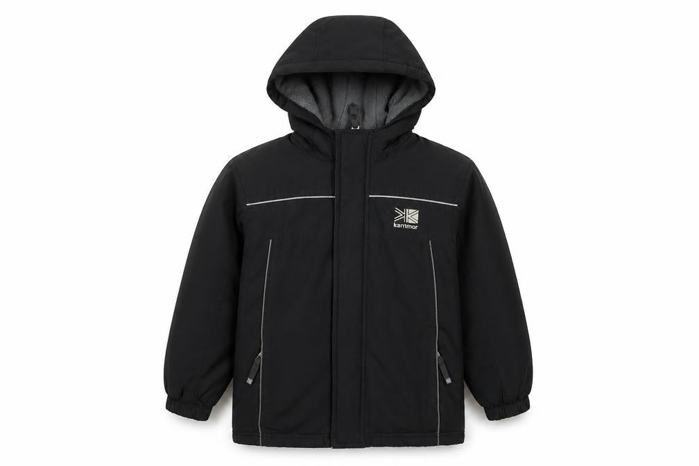 Front view of Karrimor boys’ black puffer jacket, size 4-5, years, winter hooded