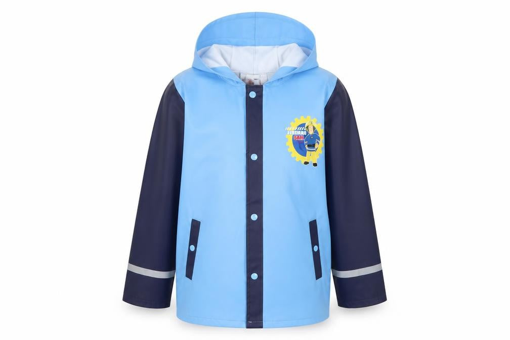 Front view of Fireman Sam boys’ blue hooded rain coat 5-6 years