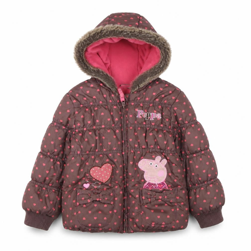 Front view of Peppa Pig girls’ brown puffer jacket, hooded, age 3-4 years